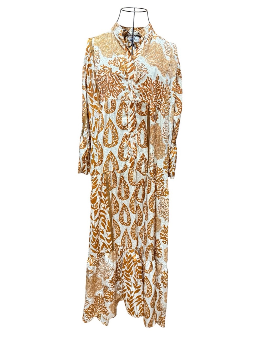 Bigg Bull Silk Boho Maxi Shirt Dress Rust Cream Gold Threading Botanical Print